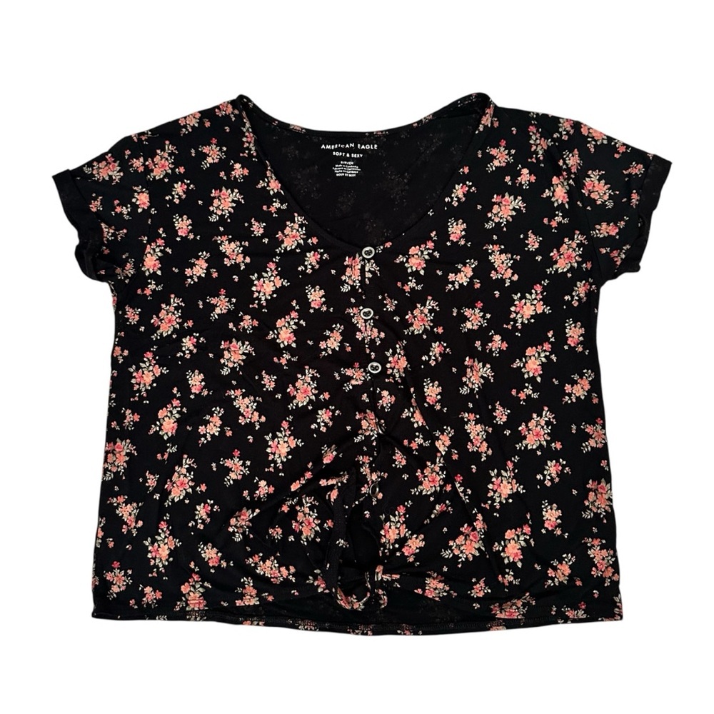 American Eagle Soft and Sexy Black and Pink Floral Button down Shirt Size S